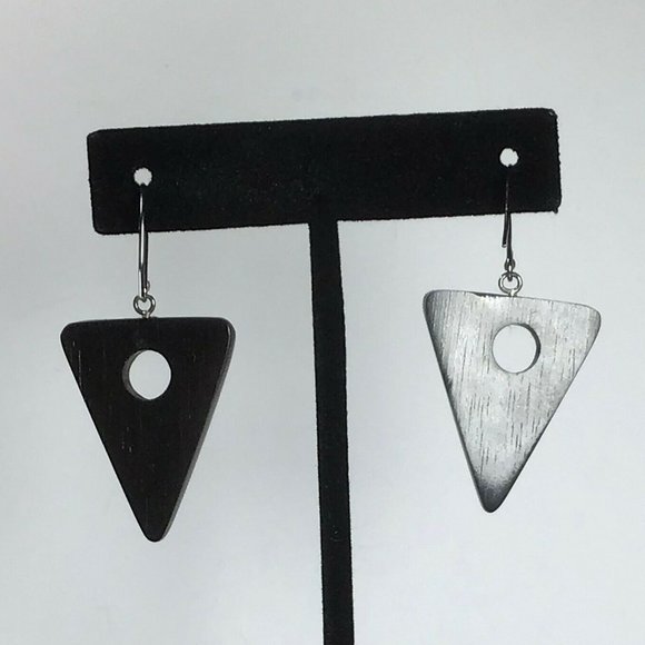 Wood Silver Triangle Triangular Dangle Earrings - Picture 3 of 4